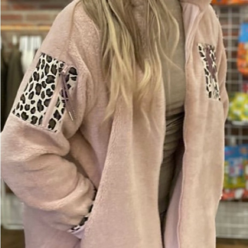 Redsky Pink Teddy Jacket with Voluminous Sleeves and Embroidery